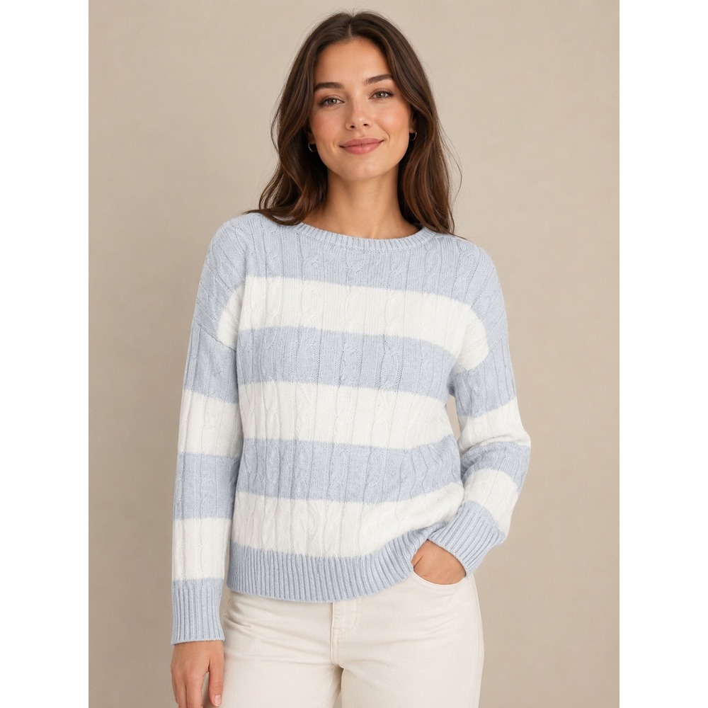 No Boundaries Womens Sweater Cable Knit Blue White Striped Large 12-14 NWT